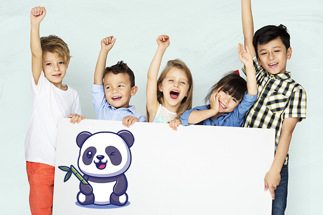 Little kids cheering while holding a white mockup board